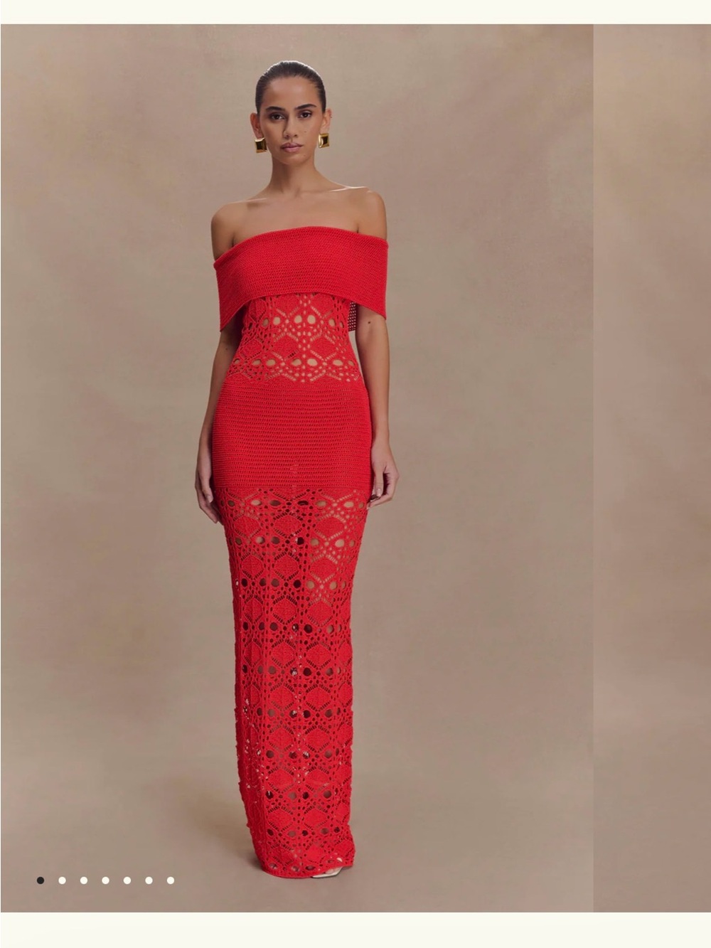 Meshki Solstice Off-Shoulder Red Crochet Maxi Dress